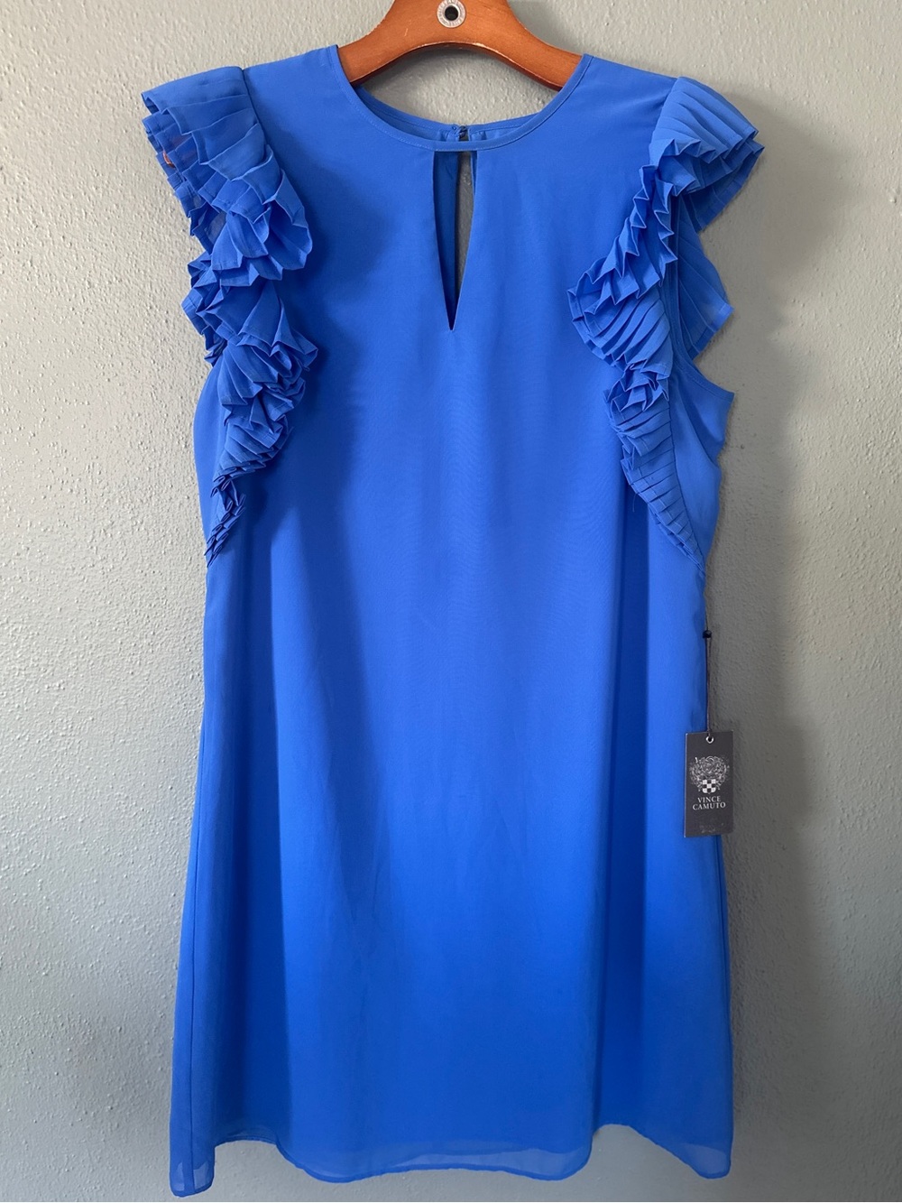VINCE CAMUTO Chiffon Keyhole Pleated Ruffle Sleeve Shift Dress Royal Blue 8 NWT
